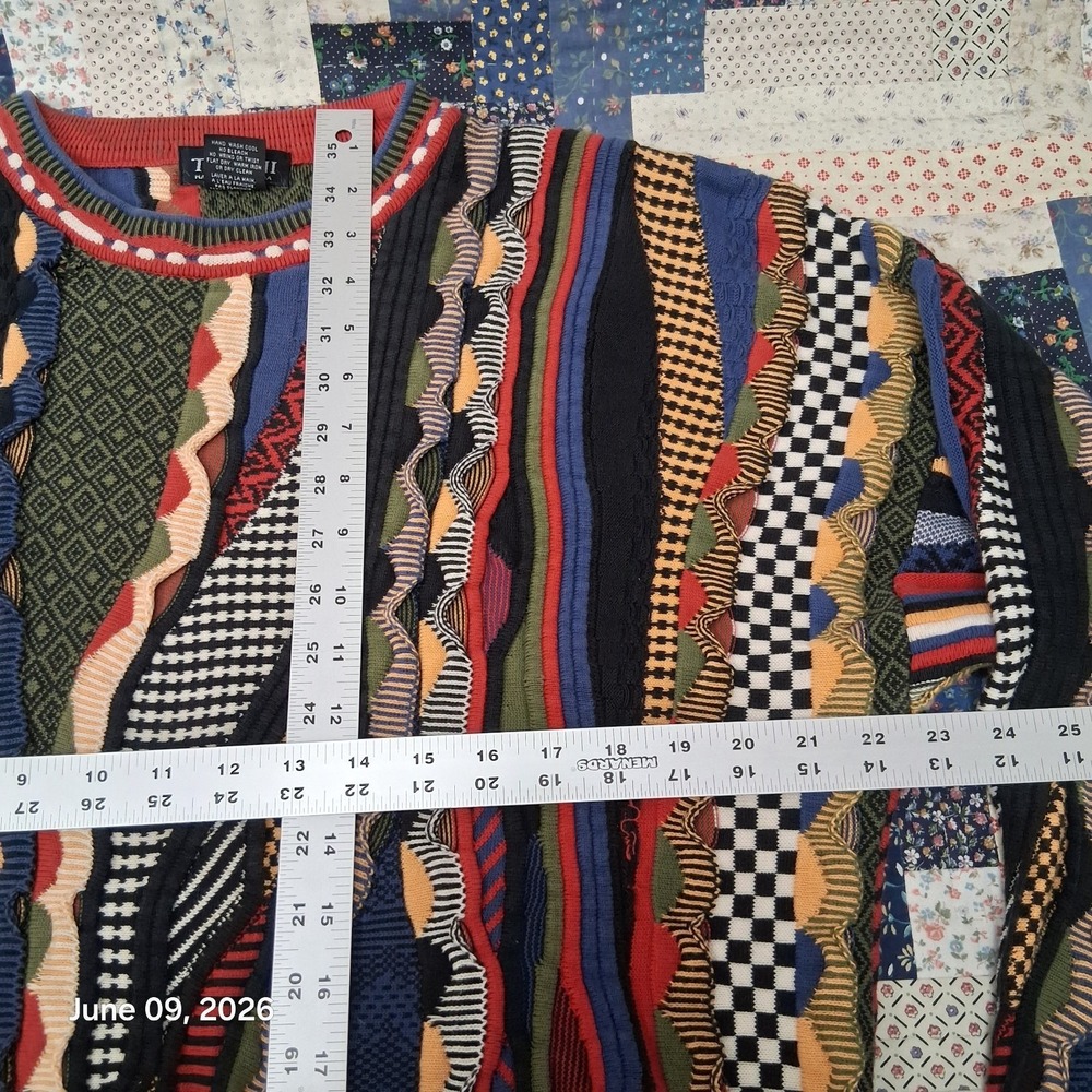 Vintage 90s Tosani 3D Knit Sweater Coogi Style Multi Color Textured Large Cotton - Picture 6 of 9